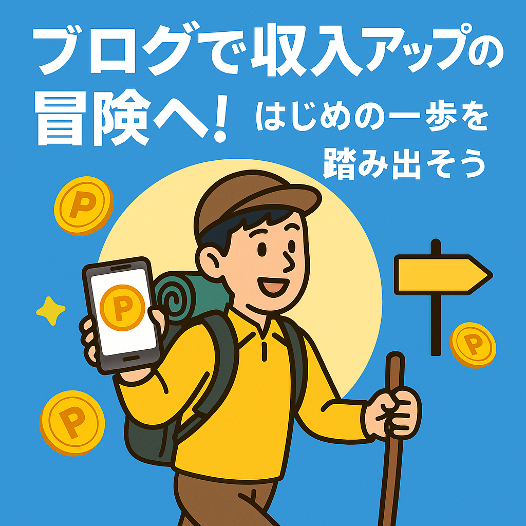 ブログで収入アップを目指す冒険を描いたアイキャッチ画像。冒険者風のキャラがスマホと杖を持ち、道しるべやコインが背景にある。
