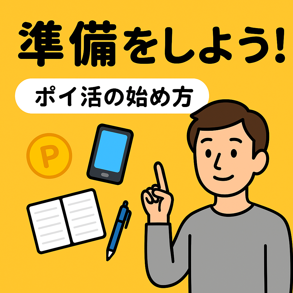 ポイ活の始め方を案内するアイキャッチ画像。男性キャラとスマホ、ノート、ポイントマークのイラスト。
