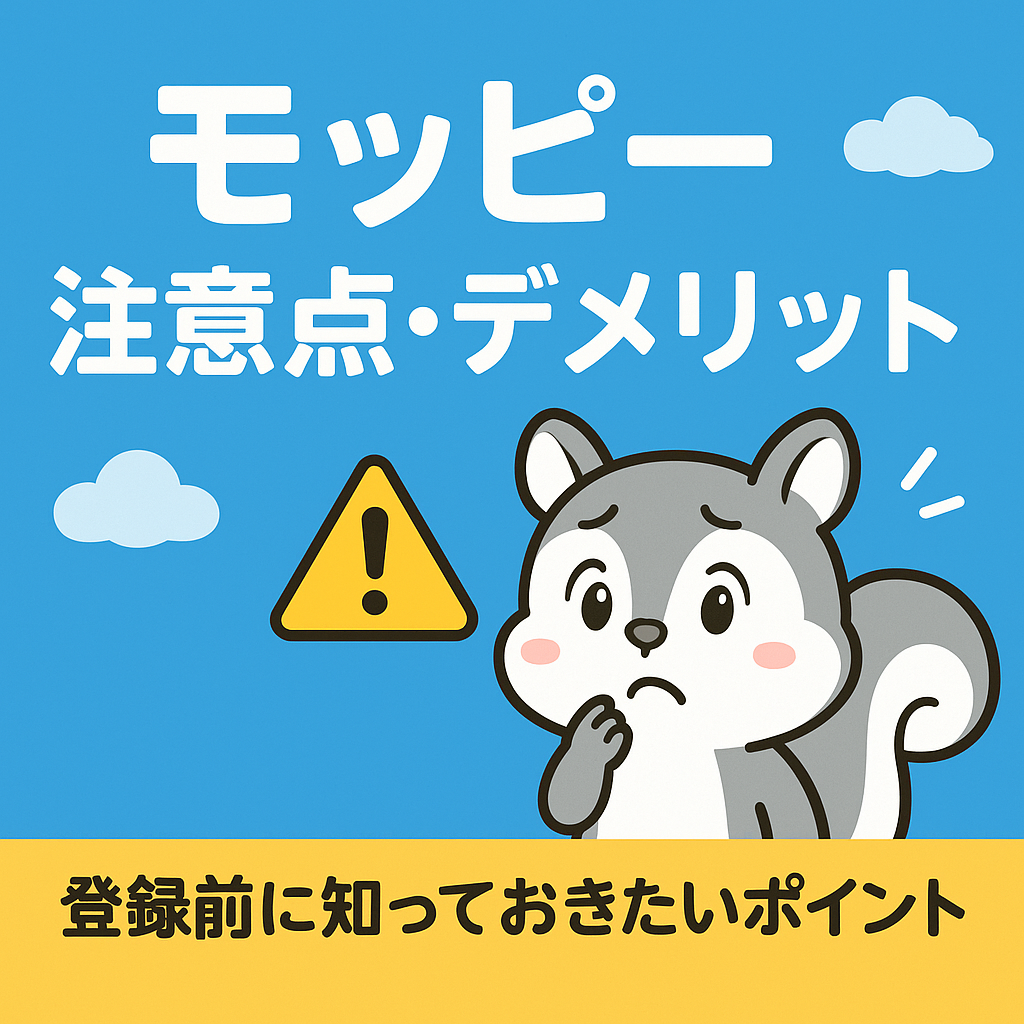 モッピーの注意点やデメリットを解説する記事用のアイキャッチ画像。リス風キャラと注意マークのイラスト。