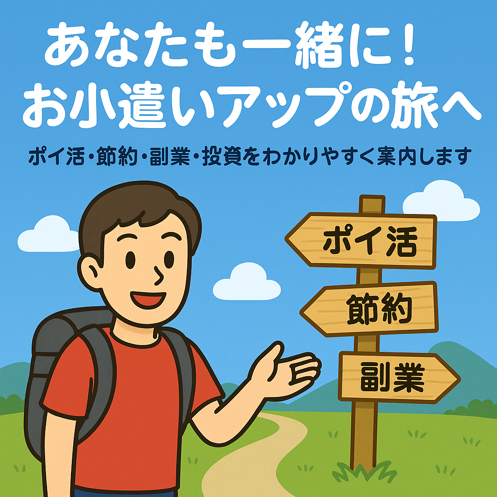 お小遣いアップの旅へ出発する案内キャラのアイキャッチ画像。分かれ道の標識に「ポイ活」「節約」「副業」「投資」が描かれている。