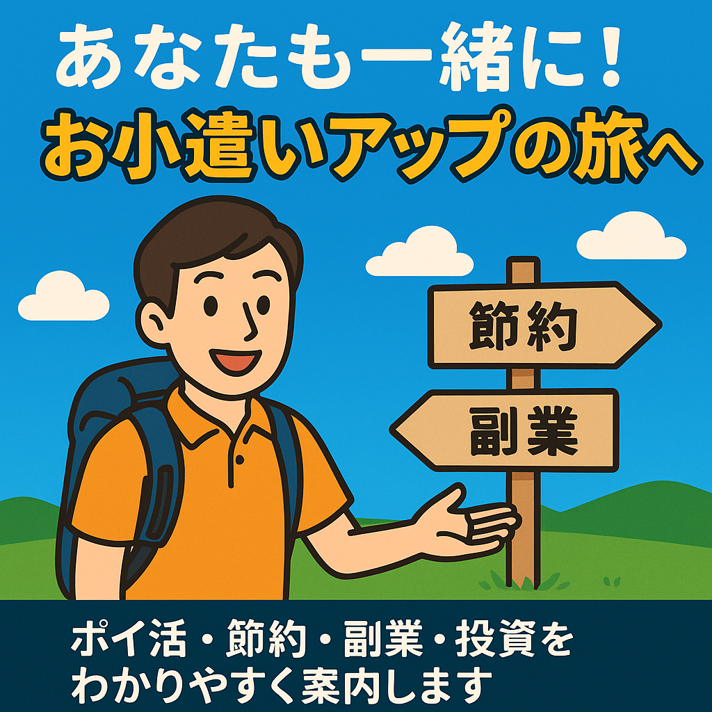 お小遣いアップの旅を案内するプロフィールキャラのアイキャッチ画像。節約・副業・投資と書かれた道しるべと、ガイド風の男性が描かれている。