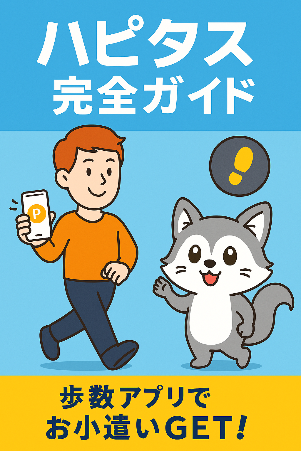 ハピタス完全ガイドのアイキャッチ画像。歩くだけでポイントGETと書かれたタイトルと、スマホを持つ男性とリス先生のイラスト