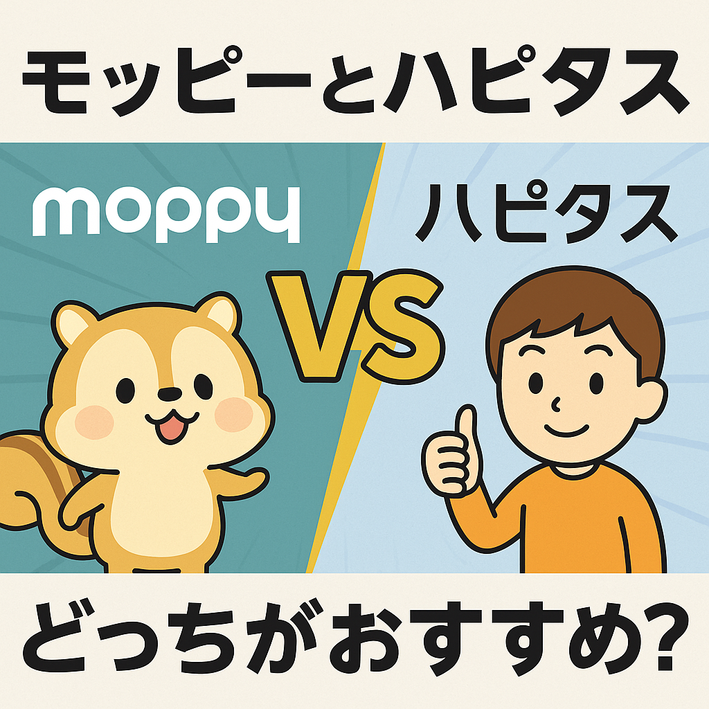 モッピーとハピタスの違いを比較するイラストバナー